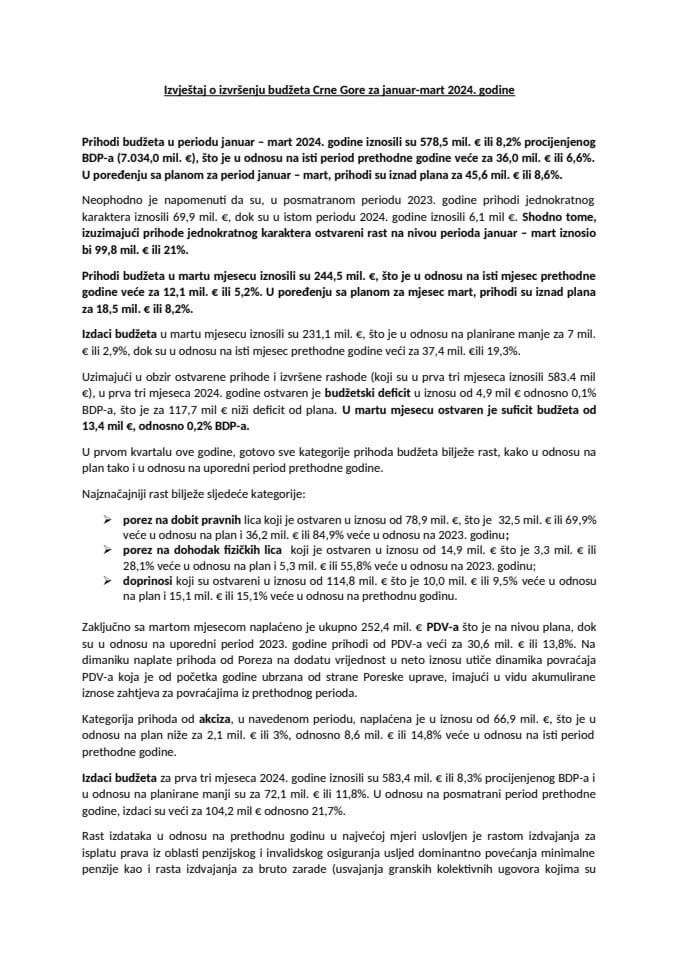 Izvještaj o izvršenju budžeta Crne Gore za mart 2024. godine