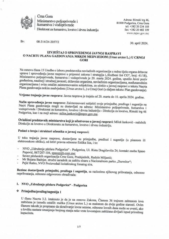Izvještaj o sprovedenoj javnoj raspravi Nacrta plana gazdovanja mrkim medvjedom u Crnoj Gori