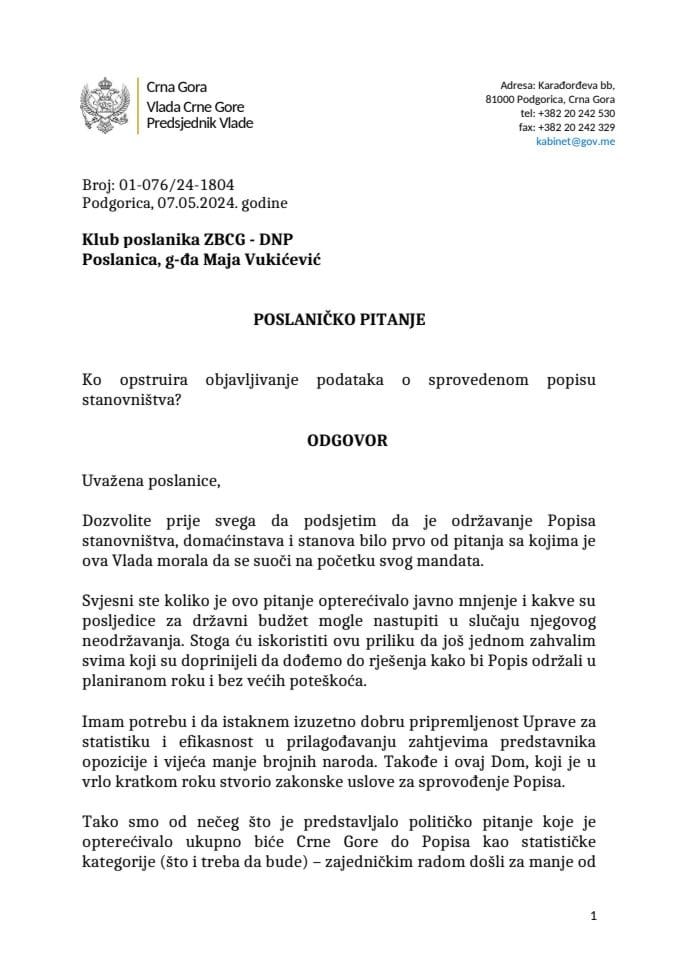 Premijerski sat: Odgovor predsjednika Vlade Milojka Spajića na poslaničko pitanje Maje Vukićević