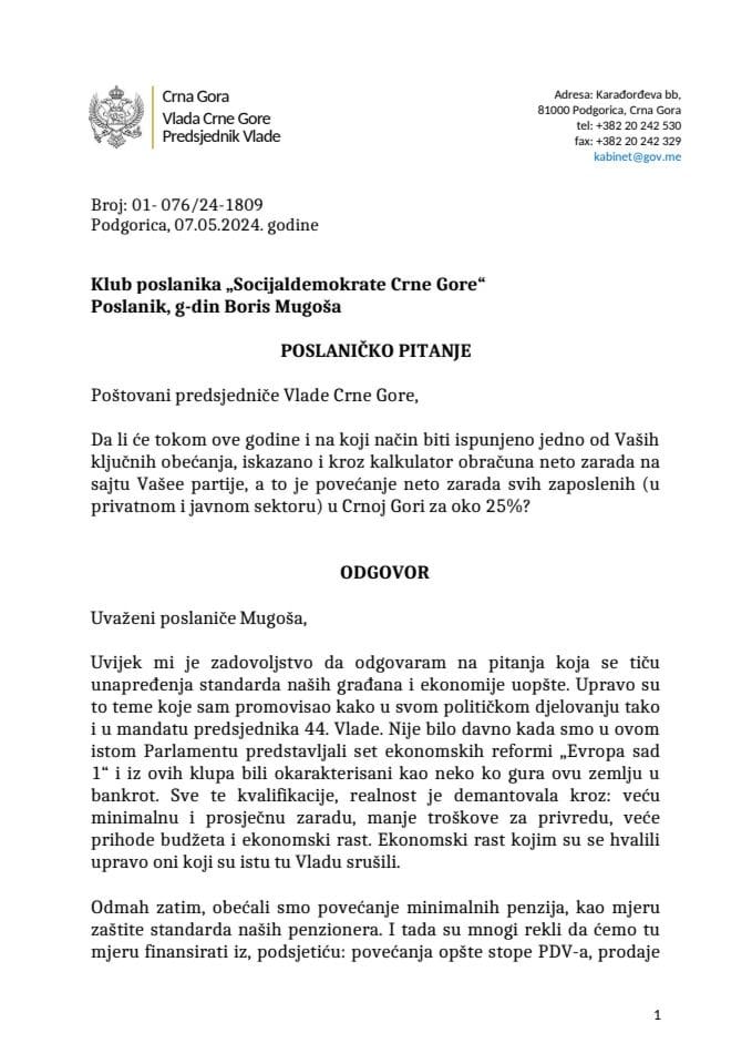 Premijerski sat: Odgovor predsjednika Vlade Milojka Spajića na poslaničko pitanje Borisa Mugoše