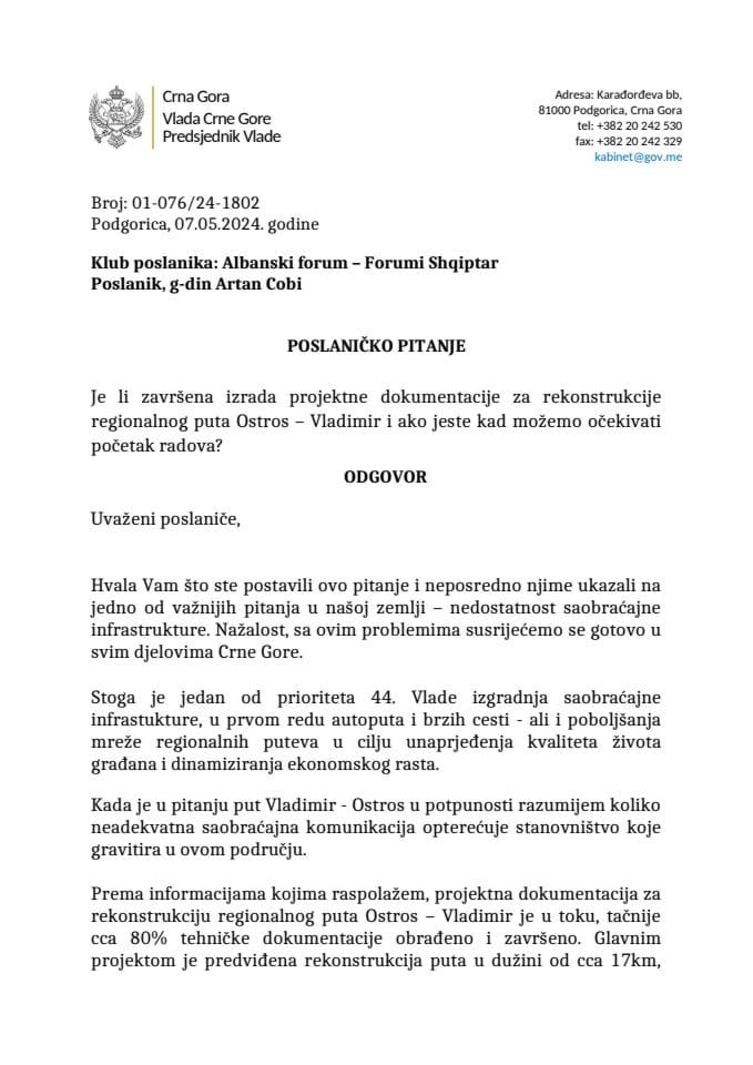 Premijerski sat: Odgovor predsjednika Vlade Milojka Spajića na poslaničko pitanje Artana Cobia