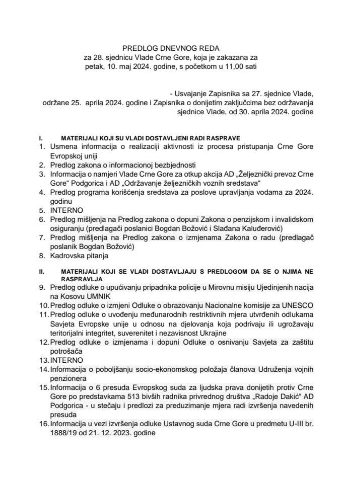 Предлог дневног реда за 28. сједницу Владе Црне Горе