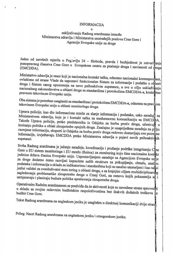 Informacija o zaključivanju Radnog aranžmana između Ministarstva zdravlja Crne Gore, Ministarstva unutrašnjih poslova Crne Gore i Agencije Evropske unije za droge s Predlogom radnog aranžmana