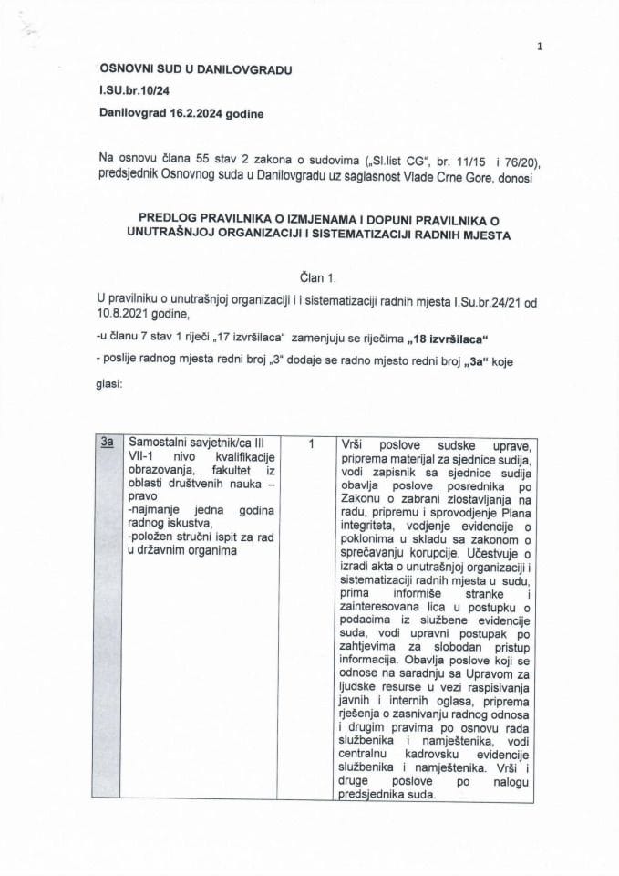 Predlog pravilnika o izmjenama i dopuni Pravilnika o unutrašnjoj organizaciji i sistematizaciji Osnovnog suda u Danilovgradu