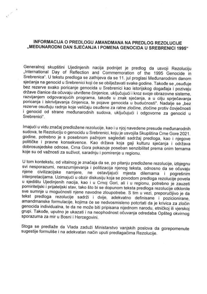 lnformacija o predlogu amandmana na predlog rezolucije ,,Međunarodni dan sjećanja i pomena genocida u Srebrenici 1995.“