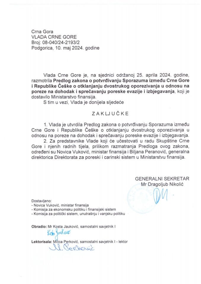Предлог закона о потврђивању Споразума између Црне Горе и Републике Чешке о отклањању двоструког опорезивања у односу на порезе на доходак и спрјечавању пореске евазије и избјегавања - закључци