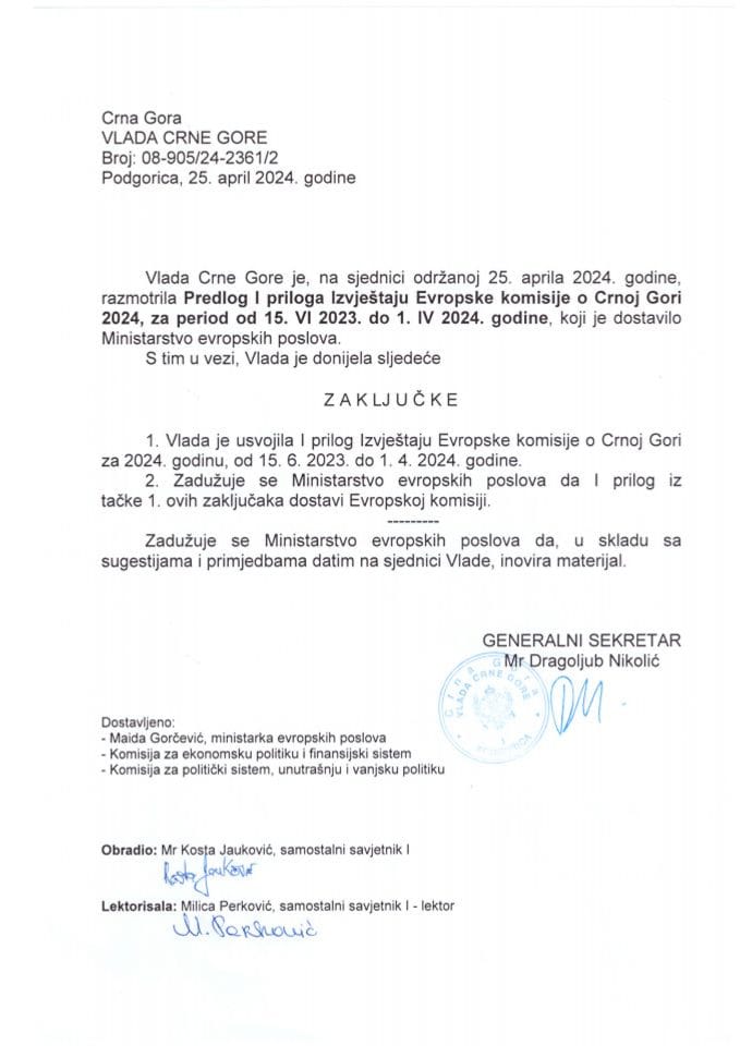 Предлог I прилога Извјештају Европске комисије о Црној Гори 2024. који се односи на период од 15. VI 2023. до 1. IV 2024. године - закључци