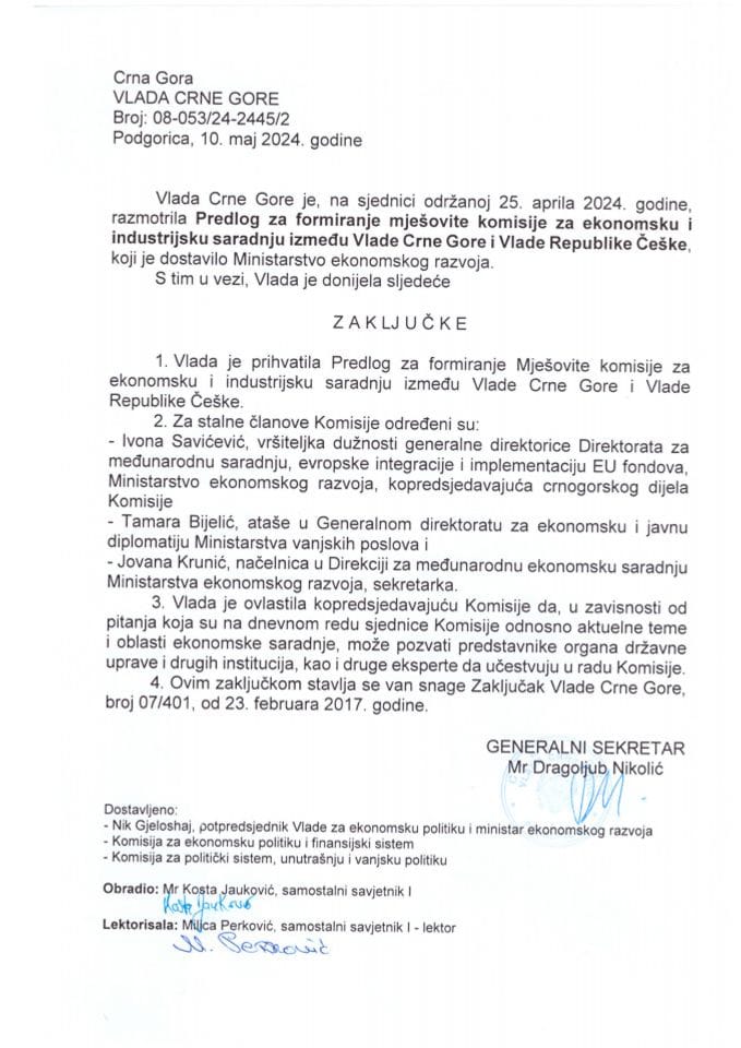Predlog za formiranje Mješovite komisije za ekonomsku i industrijsku saradnju između Vlade Crne Gore i Vlade Republike Češke  - zaključci