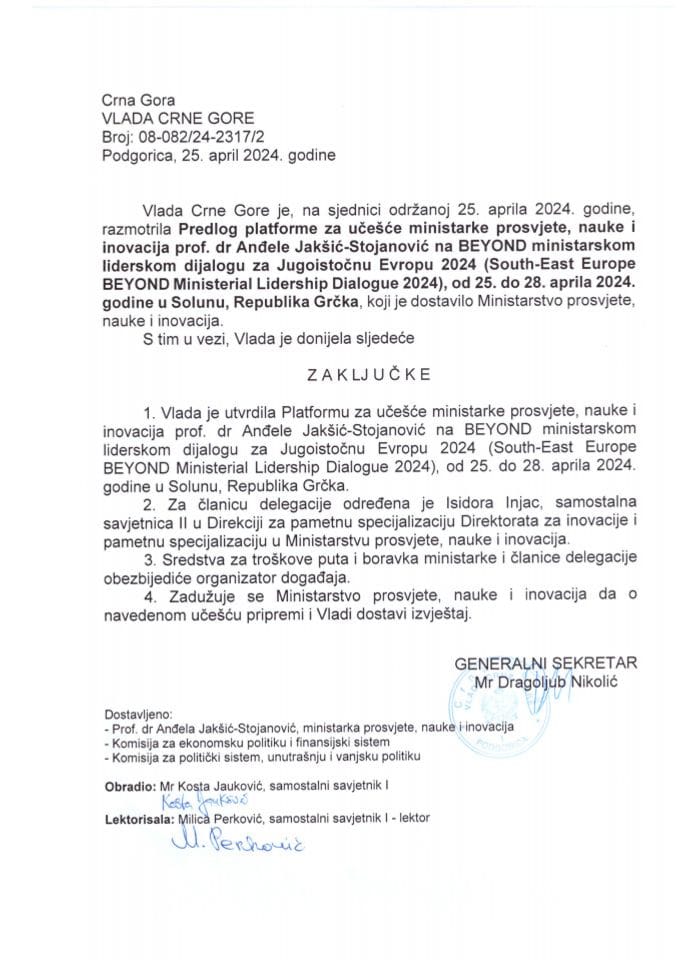 Predlog platforme za učešće ministarke Jakšić−Stojanović na BEYOND Ministarskom liderskom dijalogu za Jugoistočnu Evropu 2024 - zaključci