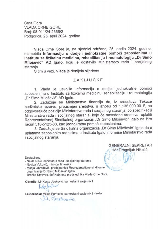 Informacija o dodjeli jednokratne pomoći zaposlenima u Institutu za fizikalnu medicinu, rehabilitaciju i reumatologiju „dr Simo Milošević" A.D. Igalo - zaključci