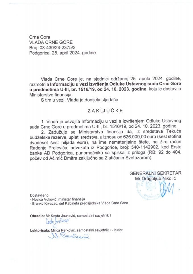 Информација у вези извршења одлуке Уставног суда Црне Горе у предметима U-III бр. 1516/19 од 24.10.2023. године - закључци