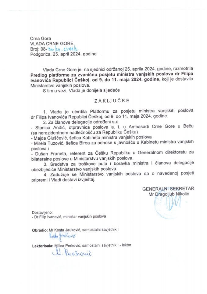 Predlog platforme za zvaničnu posjetu ministra vanjskih poslova Crne Gore dr Filipa Ivanovića Republici Češkoj, 9-11. maj 2024. godine - zaključci