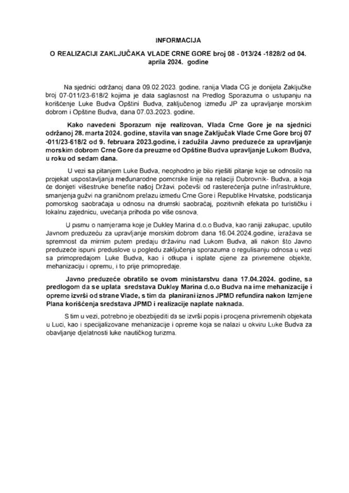 Информација о реализацији Закључака Владе Црне Горе, број: 08-013/24-1828/2, од 4. априла 2024. године, са сједнице од 28. марта 2024. године