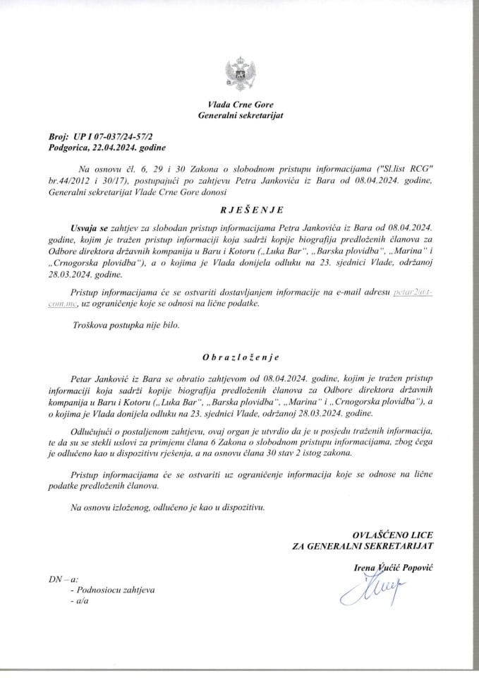 Informacija kojoj je pristup odobren po zahtjevu Petra Jankovića iz Bara od 08.04.2024. godine – UP I - 07-037/24-57/2