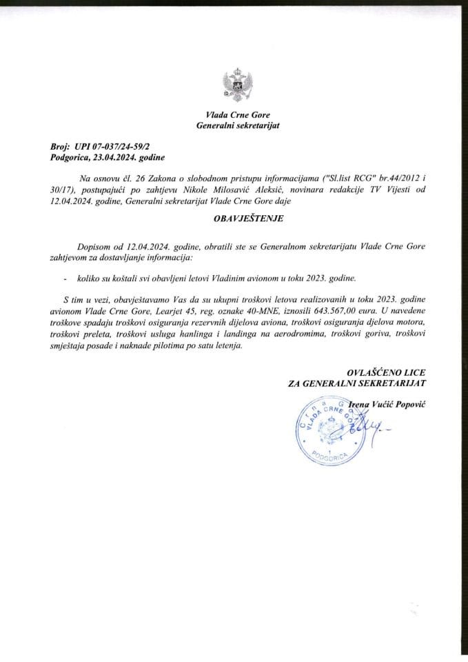 Informacija kojoj je pristup odobren po zahtjevu Nikole Milosavića Aleksića, novinara redakcije TV Vijesti od 12.04.2024. godine – UP I 07-037/24-59/2