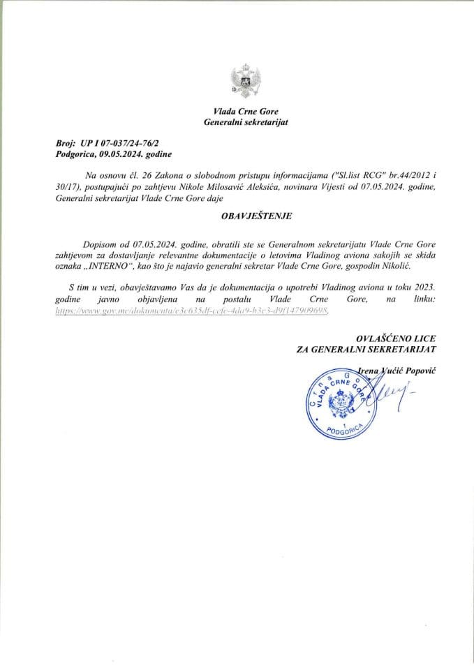 Informacija kojoj je pristup odobren po zahtjevu Nikole Milosavića Aleksića, novinara Vijesti od 07.05.2024. godine – UP I 07-037/24-76/2