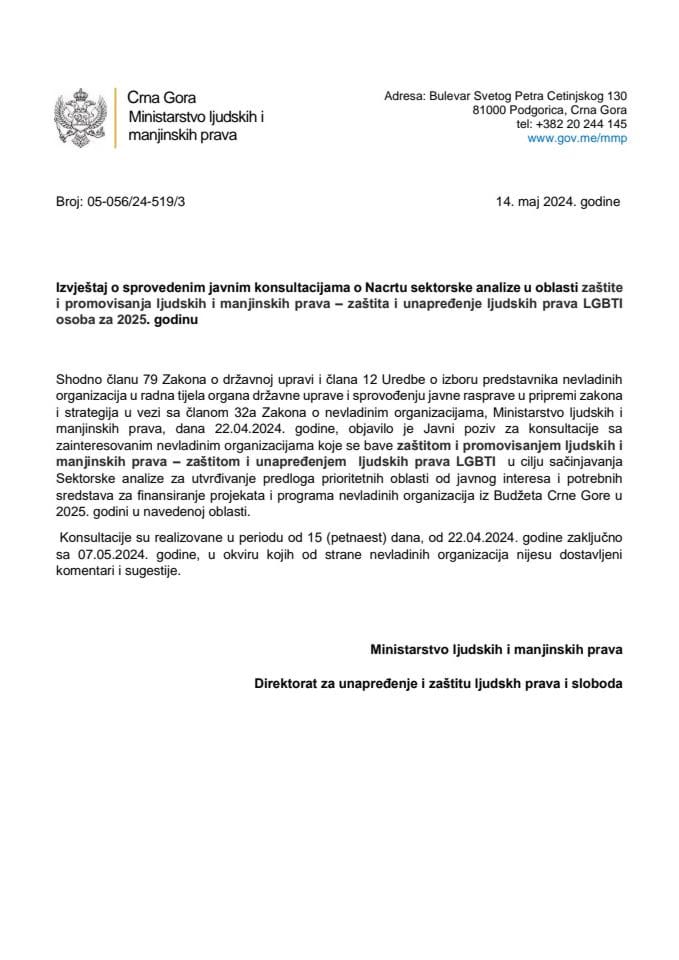 Izvještaj o sprovedenim javnim konsultacijama o Nacrtu sektorske analize u oblasti zaštite i promovisanja ljudskih i manjinskih prava – zaštita i unapređenje ljudskih prava LGBTI osoba za 2025. godinu