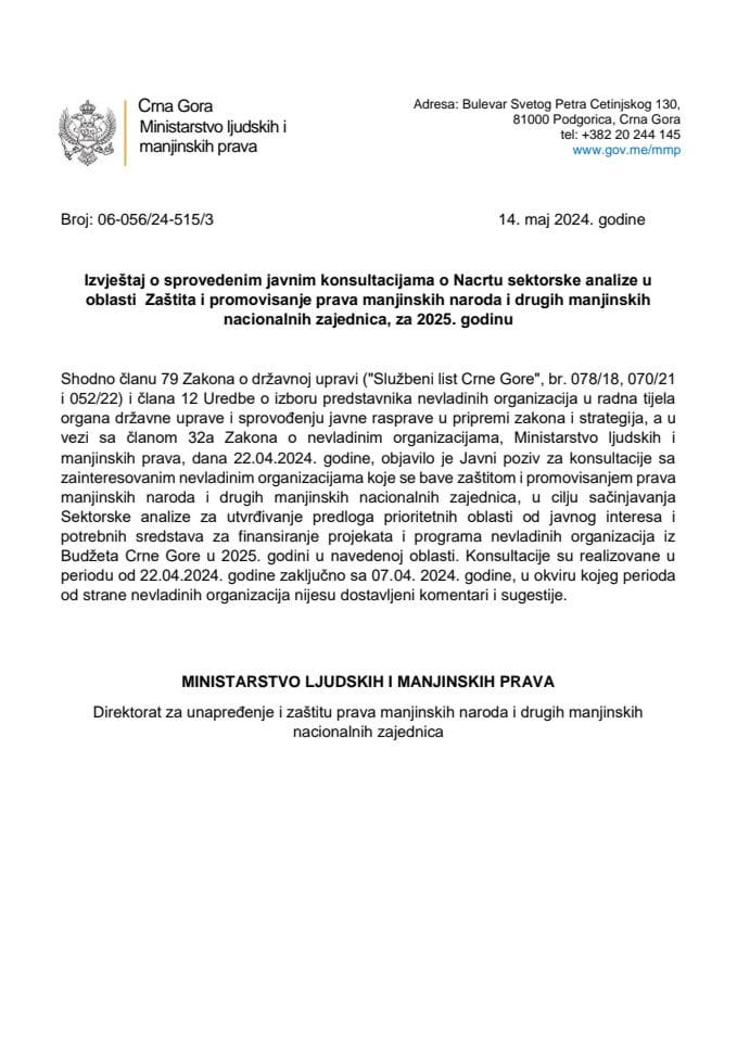 Izvještaj o sprovedenim javnim konsultacijama o Nacrtu sektorske analize u oblasti  Zaštita i promovisanje prava manjinskih naroda i drugih manjinskih nacionalnih zajednica, za 2025. godinu