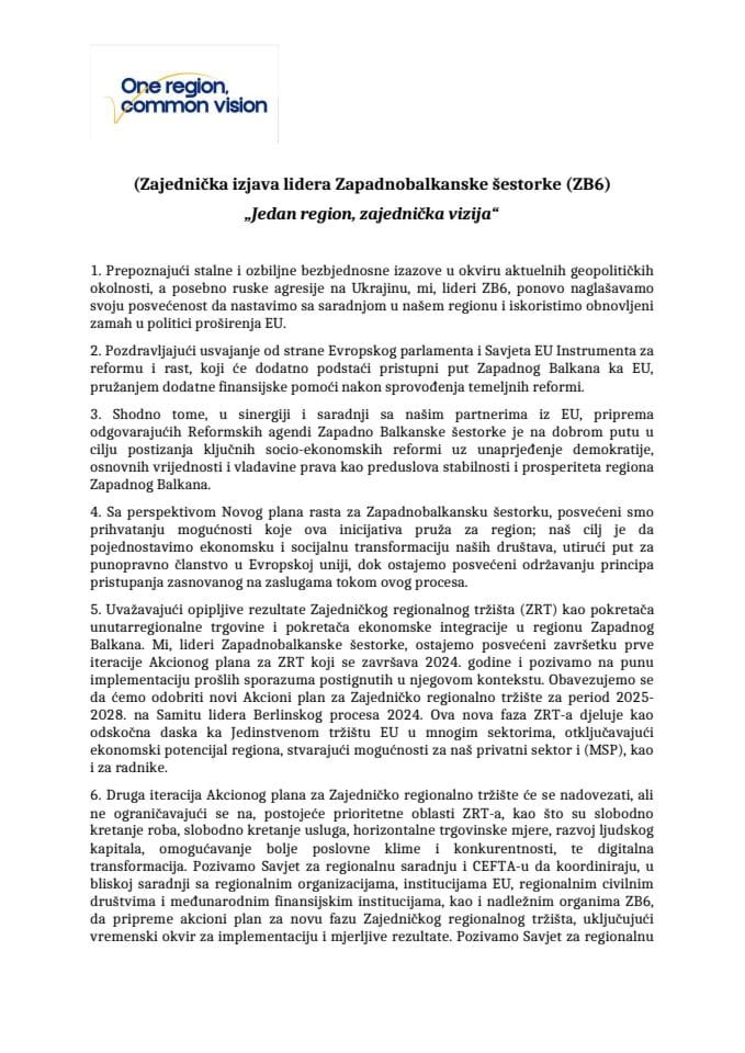 Zajednička izjava lidera Zapadnobalkanske šestorke