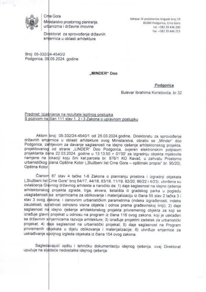Obavještenja - Saglasnosti glavnog državnog arhitekte - 09.05.2024 Obavještenje -MINDER DOO, Podgorica -Opština Kotor
