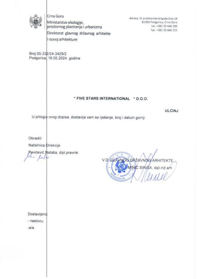 Rješenja glavnog državnog arhitekte - 16.05.2024 Rješenje -FIVE STARS INTERNATIONAL DOO, Ulcinj -Opština Ulcinj