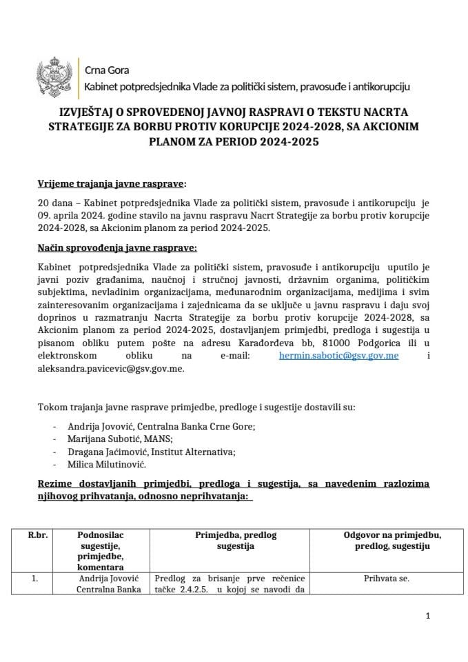 Izvještaj o sprovedenoj javnoj raspravi o tekstu Nacrta strategije za borbu protiv korupcije 2024-2028, sa Akcionim planom za period 2024-2025