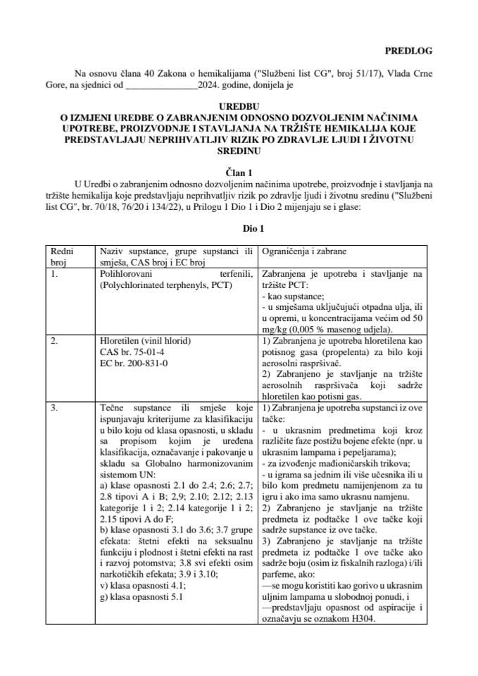 Предлог уредбе о измјени Уредбе о забрањеним односно дозвољеним начинима употребе, производње и стављања на тржиште хемикалија које представљају неприхватљив ризик по здравље људи и животну средину