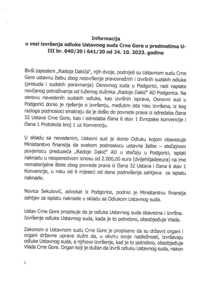 Информација у вези извршења одлука Уставног суда Црне Горе у предметима U-III бр. 640/20 и 641/20 од 24.10.2023. године (без расправе)