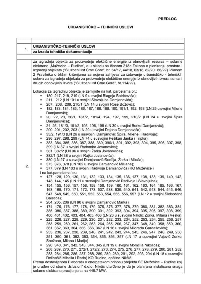 Предлог урбанистичко-техничких услова за израду техничке документације за изградњу објекта за производњу електричне енергије из обновљивих ресурса-соларне електране, а у складу са чланом 218ц Закона о планирању простора и изградњи објеката