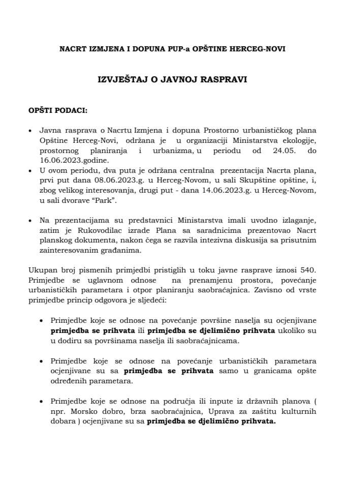 Korigovani Izvještaj o javnoj raspravi o Nacrtu Izmjena i dopuna Prostorno-urbanističkog plana Opštine Herceg Novi, maj 2024.