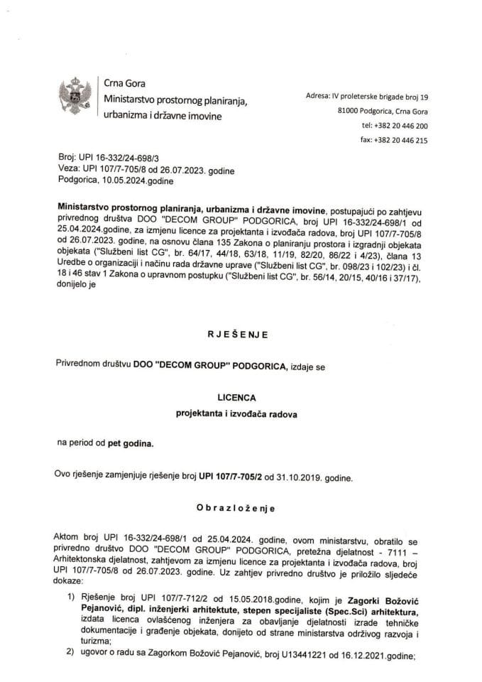 Licence projektanata i izvođača radova - UPI 16-332-24-698-3 veza UPI 107-7-705-8 DOO DECOM GROUP