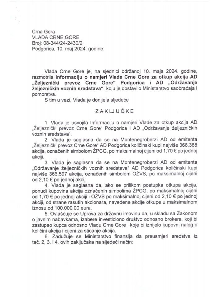 Informacija o namjeri Vlade Crne Gore za otkup akcija AD „Željeznički prevoz Crne Gore“ Podgorica i AD „Održavanje željezničkih voznih sredstava“ - zaključci