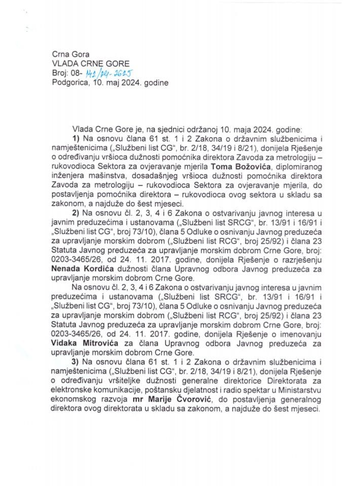 Kadrovska pitanja - 28. sjednica Vlade Crne Gore - zaključci