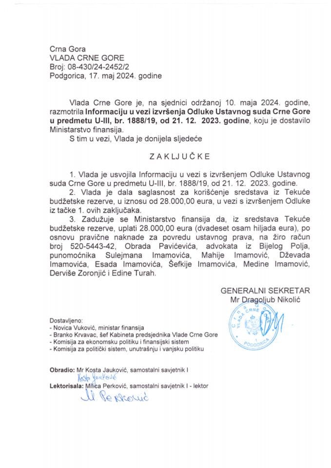 Информација у вези извршења одлуке Уставног суда Црне Горе у предмету У-III бр. 1888/19 од 21. 12. 2023. године - закључци