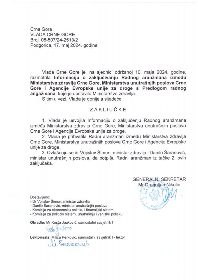 Informacija o zaključivanju Radnog aranžmana između Ministarstva zdravlja Crne Gore, Ministarstva unutrašnjih poslova Crne Gore i Agencije Evropske unije za droge s Predlogom radnog aranžmana - zaključci
