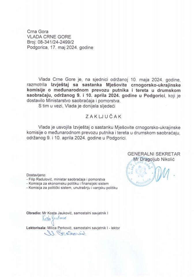Извјештај са састанка Мјешовите црногорско-украјинске комисије о међународном превозу путника и терета у друмском саобраћају, одржаног 9. и 10. априла 2024. године у Подгорици - закључци