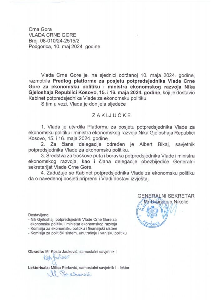 Predlog platforme za radnu posjetu potpredsjednika Vlade Crne Gore za ekonomsku politiku i ministra ekonomskog razvoja Nika Gjeloshaja Republici Kosovo, 15-16. maja 2024. godine - zaključci
