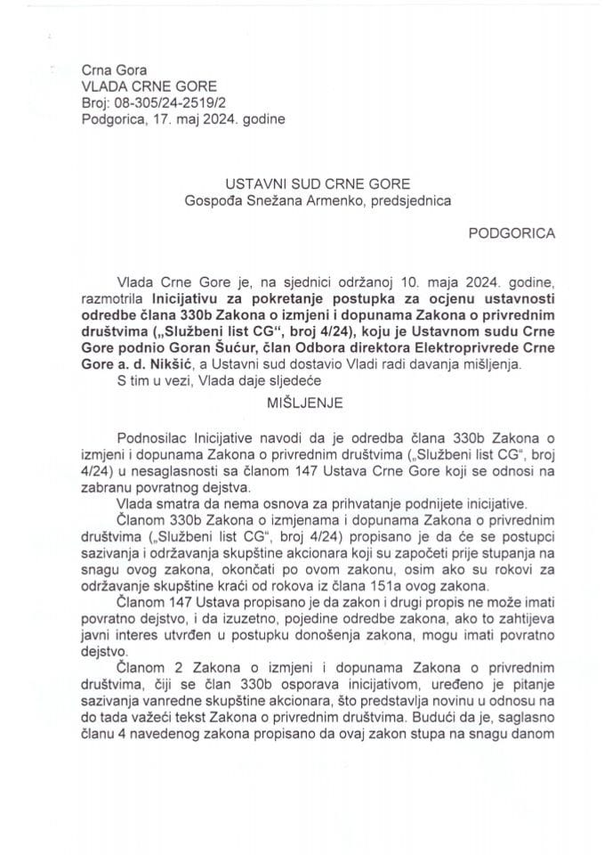 Predlog mišljenja na Inicijativu za pokretanje postupka za ocjenu ustavnosti odredbe člana 330b Zakona o privrednim društvima („Službeni list CG“, br. 65/20, 146/21 i 4/24), koju je podnio Goran Šućur, član Odbora direktora EPCG a.d. Nikšić - zaključci