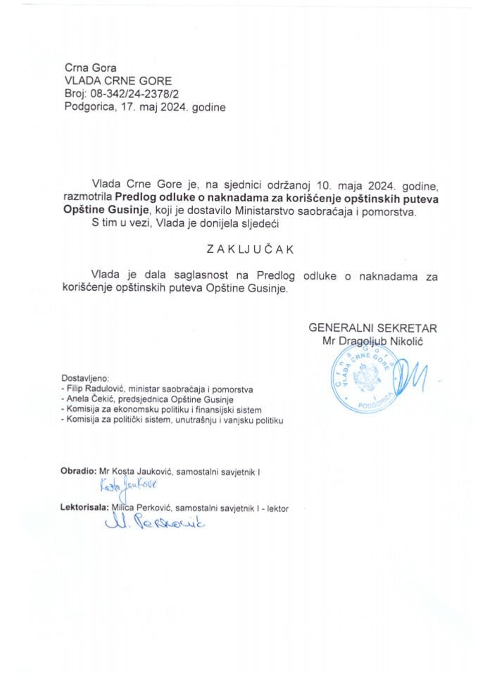 Predlog odluke o naknadama za korišćenje opštinskih puteva opštine Gusinje - zaključci