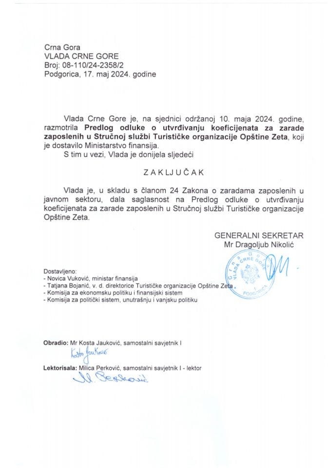 Predlog odluke o utvrđivanju koeficijenata za zarade zaposlenih u Stručnoj službi Turističke organizacije Opštine Zeta - zaključci