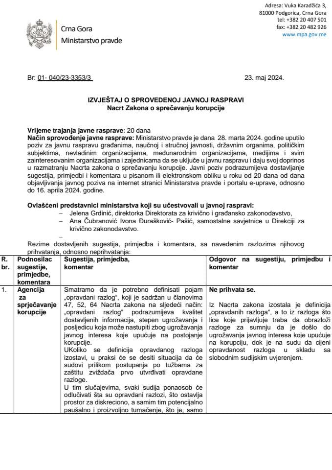 IZVJEŠTAJ O SPROVEDENOJ JAVNOJ RASPRAVI - Nacrt Zakona o sprečavanju korupcije