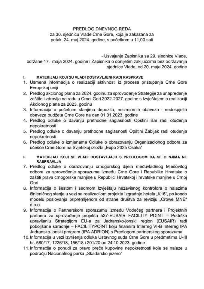 Предлог дневног реда за 30. сједницу Владе Црне Горе