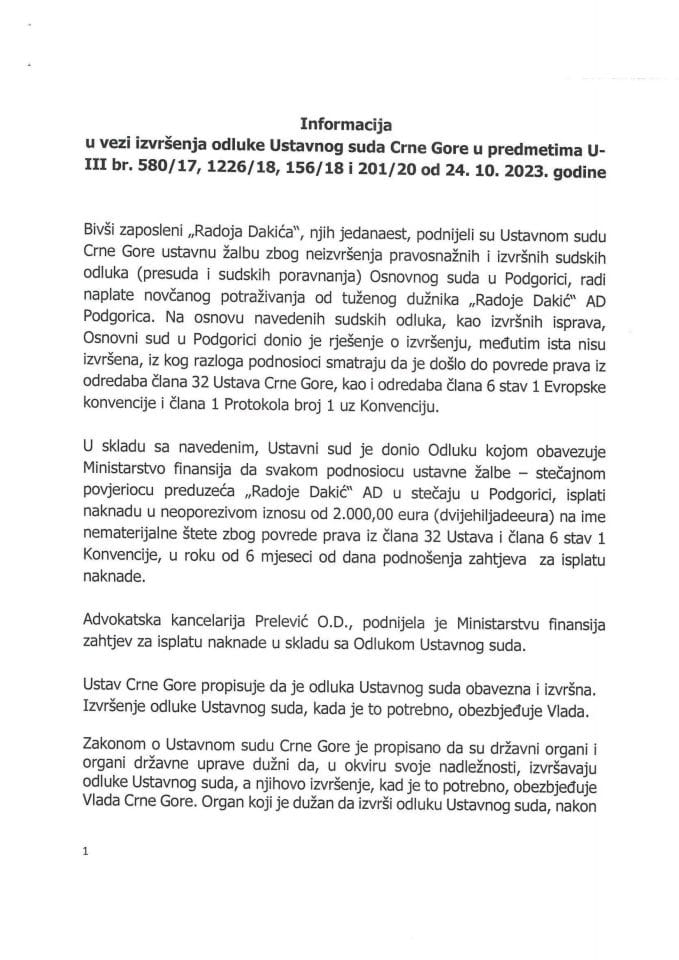 Informacija u vezi izvršenja odluka Ustavnog suda Crne Gore u predmetima U-III br. 580/17, 1226/18, 156/18 i 201/20 od 24.10.2023. godine