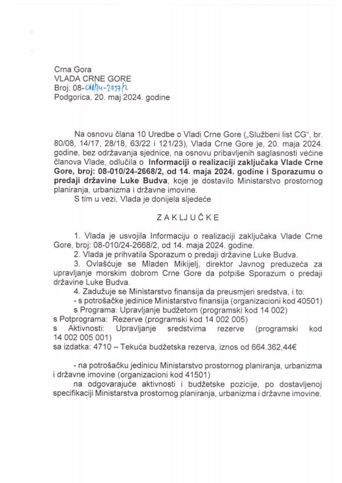 Informacija o realizaciji zaključaka Vlade Crne Gore broj 08-010/24-2668/2 od 14. maja 2024. godine i Sporazum o predaji državine Luke Budva - zaključci