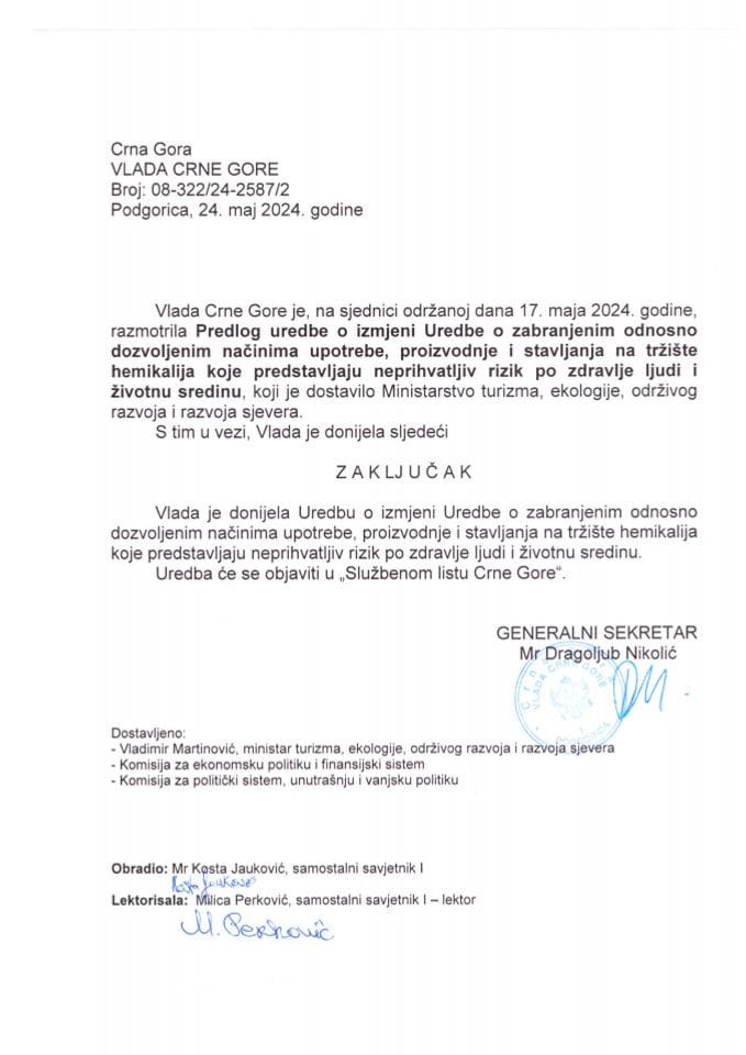 Предлог уредбе о измјени Уредбе о забрањеним односно дозвољеним начинима употребе, производње и стављања на тржиште хемикалија које представљају неприхватљив ризик по здравље људи и животну средину - закључци