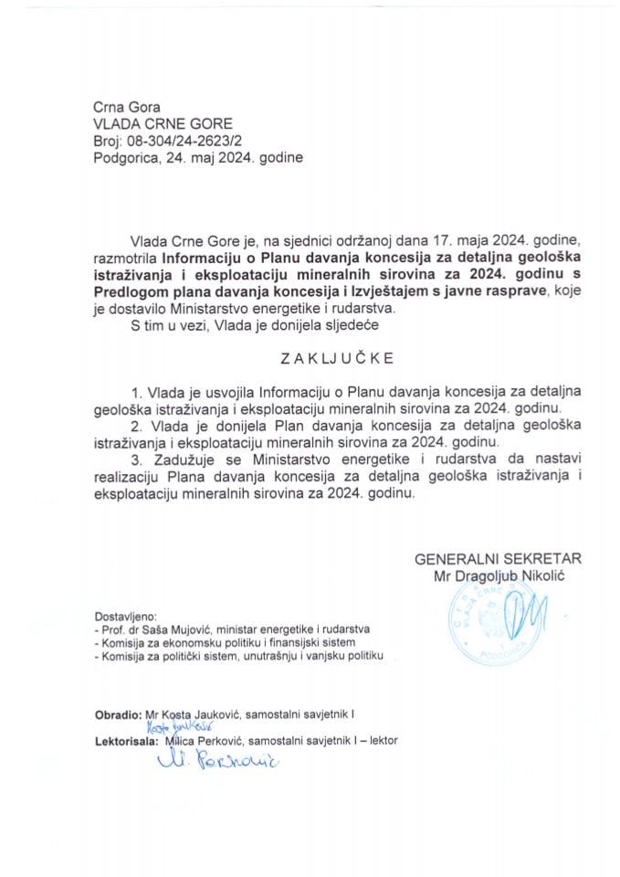 Информација о Плану давања концесија за детаљна геолошка истраживања и експлоатацију минералних сировина за 2024. годину с Предлогом плана давања концесија и Извјештајем са јавне расправе - закључци