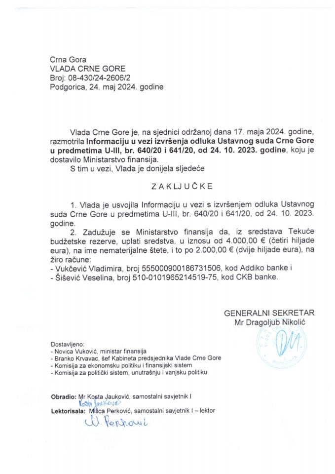 Информација у вези извршења одлука Уставног суда Црне Горе у предметима U-III бр. 640/20 и 641/20 од 24.10.2023. године (без расправе) - закључци