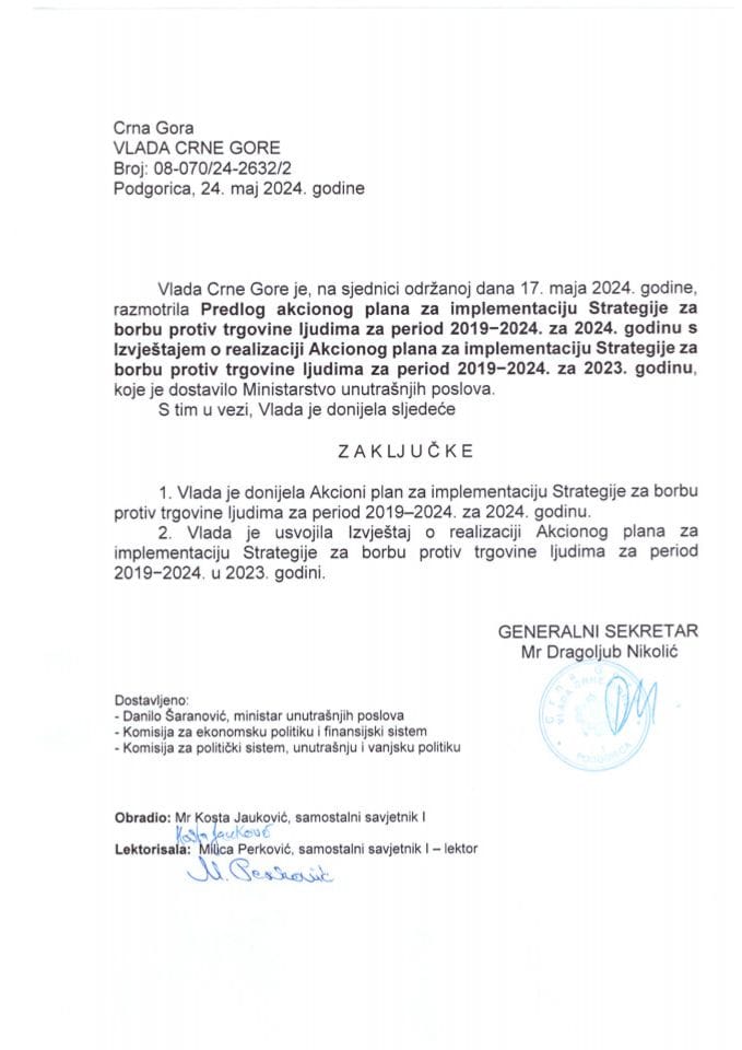 Predlog akcionog plana za implementaciju Strategije za borbu protiv trgovine ljudima za period 2019-2024. godina, za 2024. godinu s Izvještajem o realizaciji Akcionog plana za implementaciju Strategije za borbu protiv trgovine ljudima - zaključci