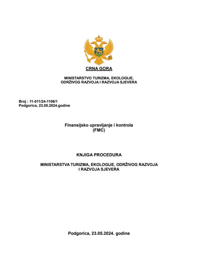 Finansijsko upravljanje i kontrola (FMC) - Knjiga procedura Ministarstva turizma, ekologije, održivog razvoja i razvoja sjevera
