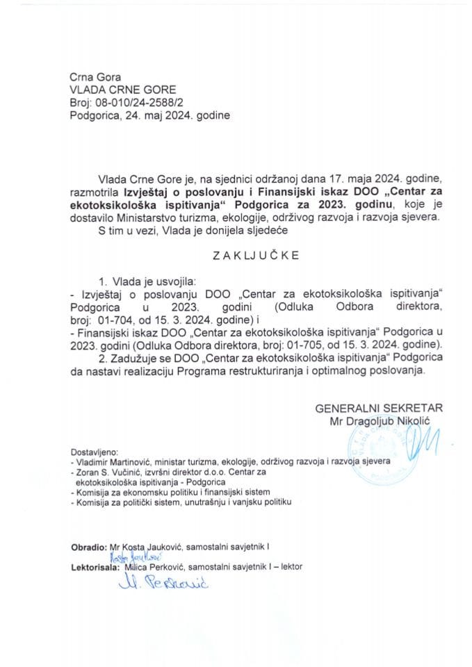 Извјештај о пословању и Финансијски исказ ДОО „Центар за екотоксиколошка испитивања“- Подгорица за 2023. годину (без расправе) - закључци